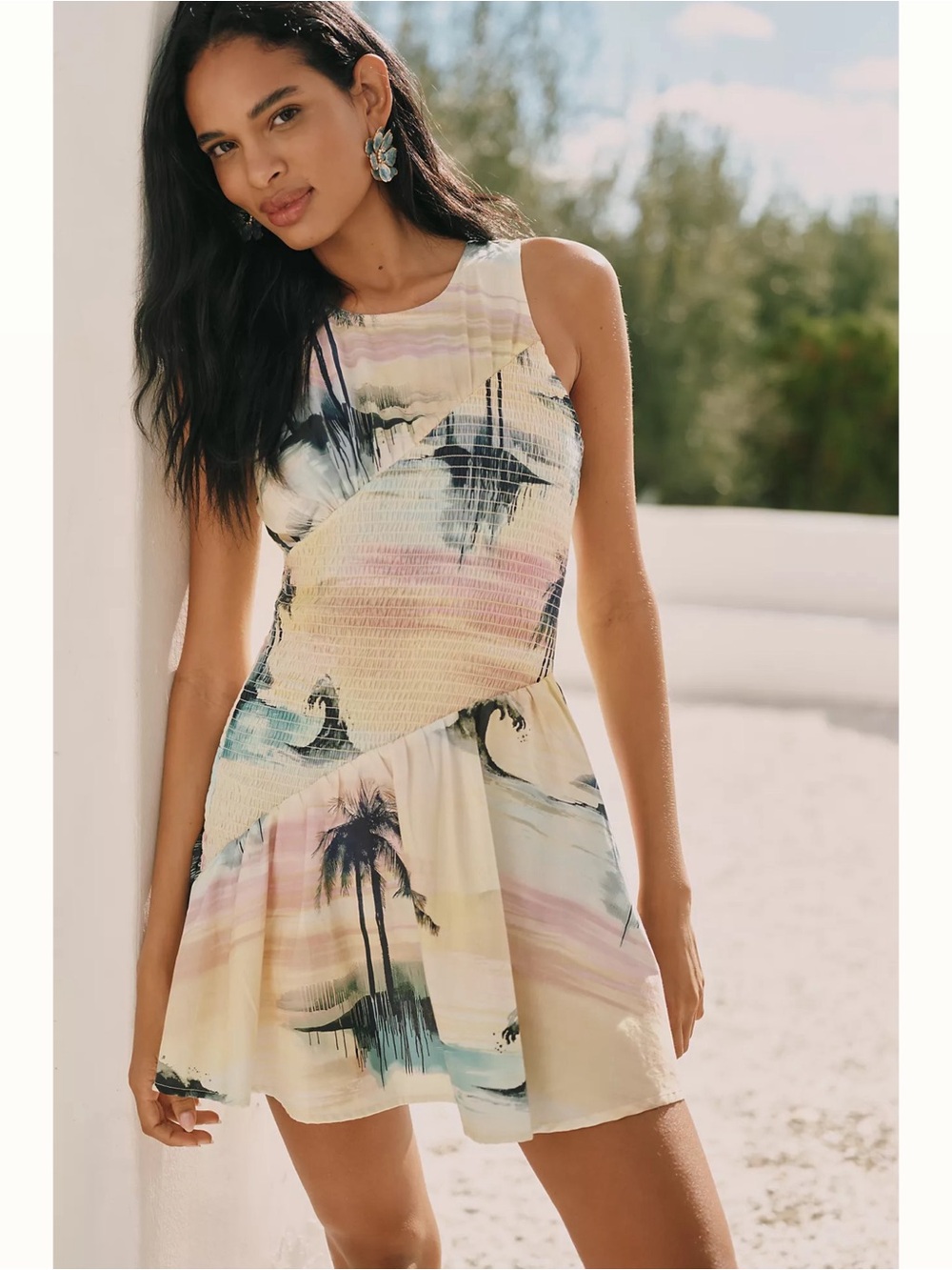 CELANDINE from ANTHROPOLOGIE Blue Crush Palm Print Mini Sun Dress – XSMALL – NWT